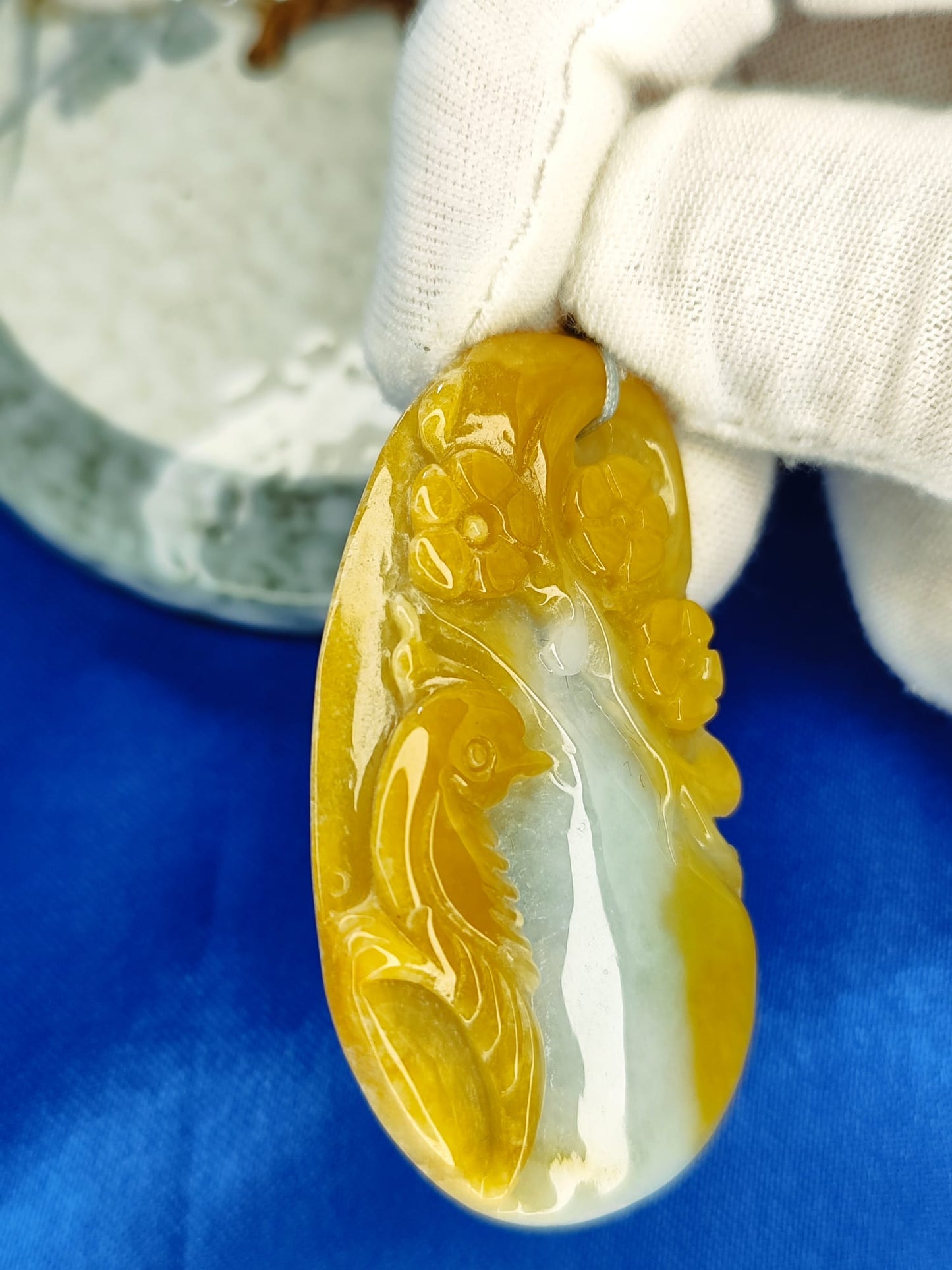Semi-Icy Yellow and Blue Jadeite Jade Radiant With Joy Pendant (Certified Natural)M6