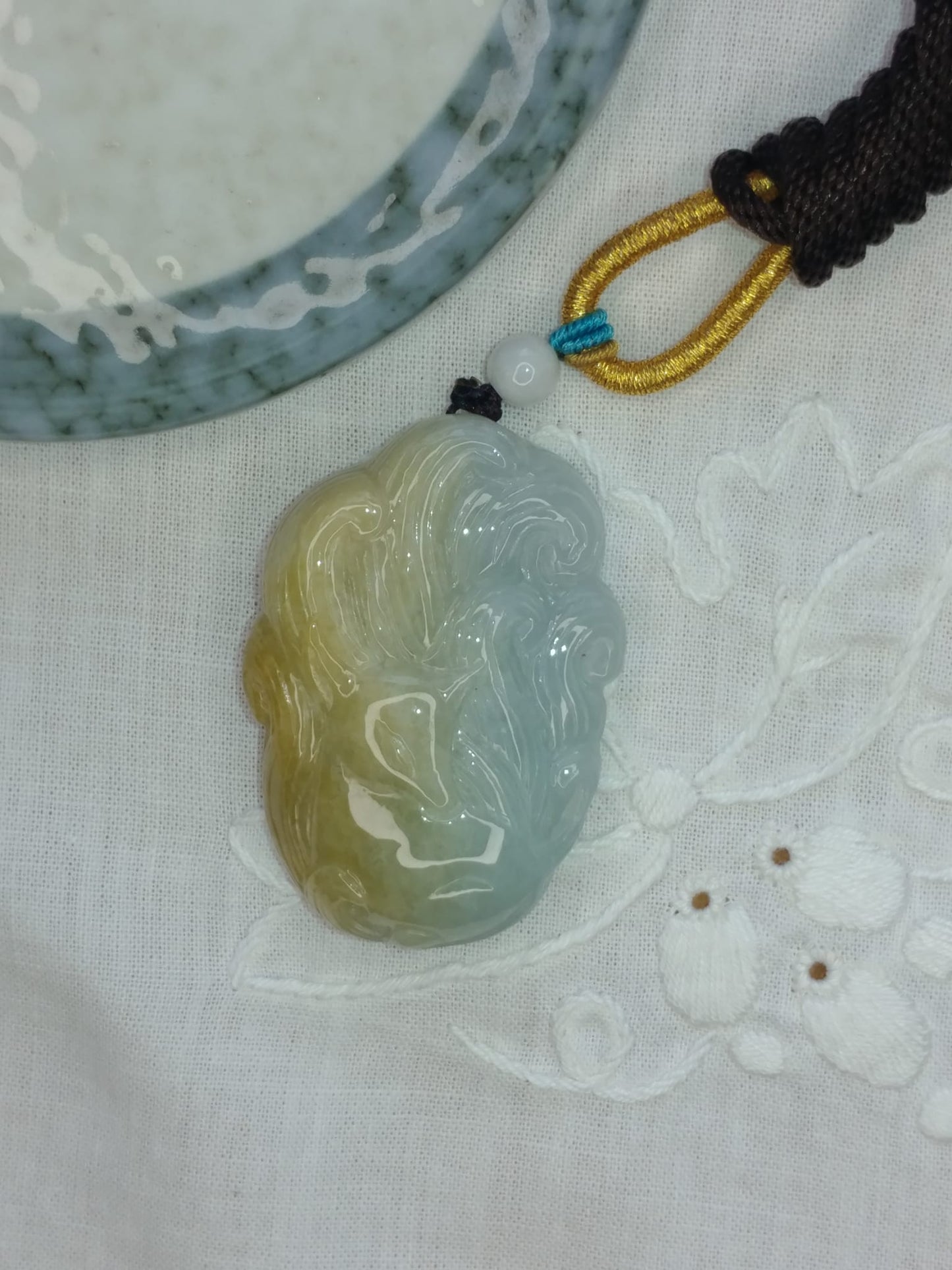Yellow Green Jadeite Jade Nine-tailed Fox Pendant (Certified Natural）F95