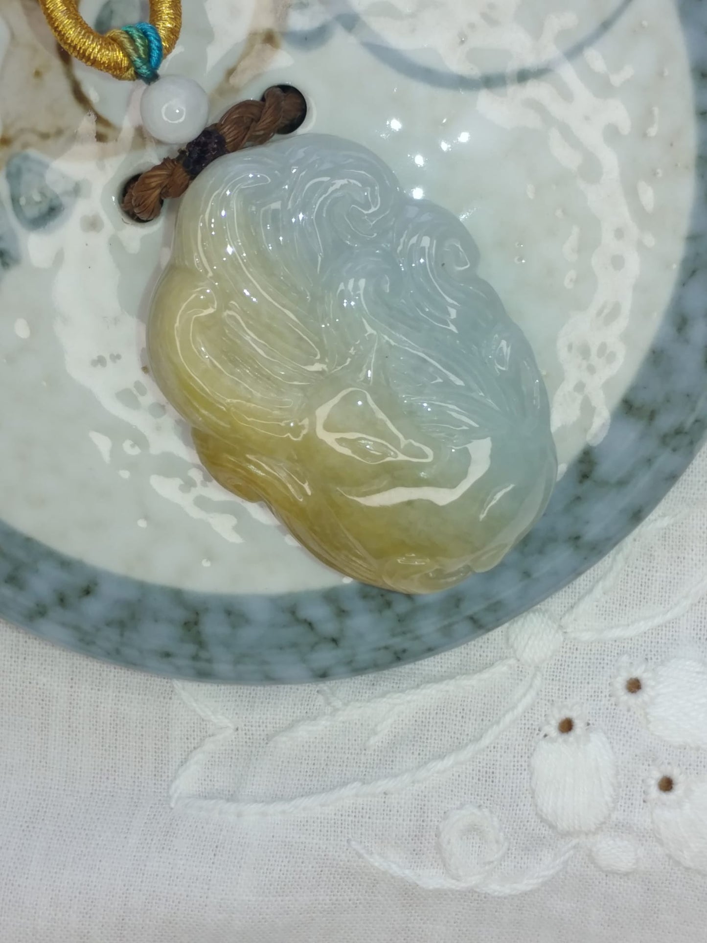 Yellow Green Jadeite Jade Nine-tailed Fox Pendant (Certified Natural）F95
