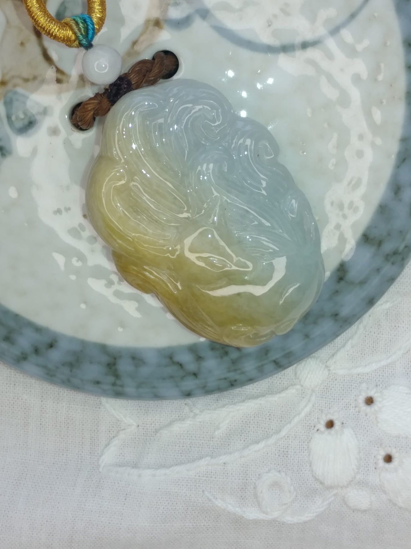 Yellow Green Jadeite Jade Nine-tailed Fox Pendant (Certified Natural）F95